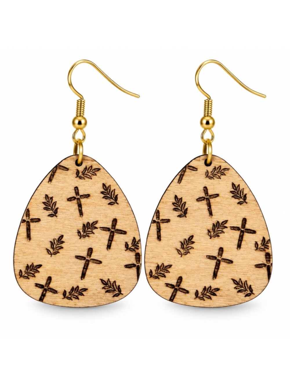 Wooden Cross Earrings – Rustic Christian Faith Teardrop Dangle Jewelry